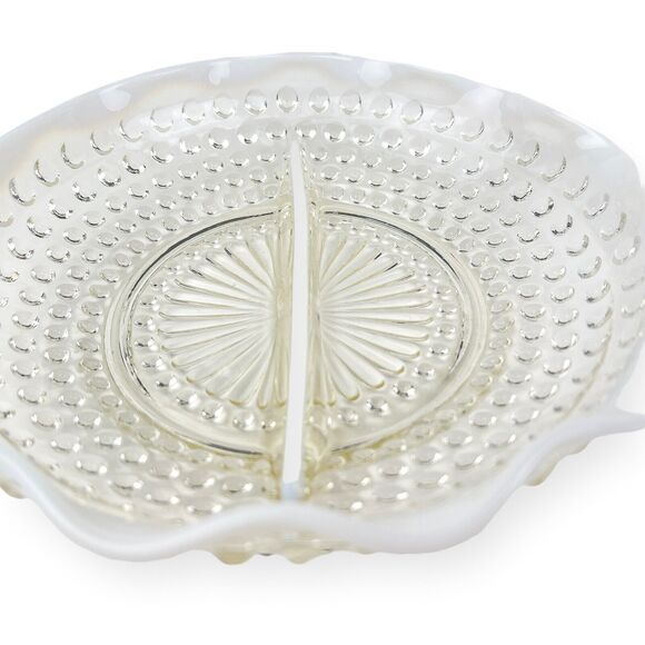 Fenton Hobnail Divided Glass Dish Clear Opalescent Wavy Edge Candy Relish Vtg - Picture 4 of 12